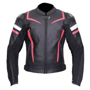Men's Black Red Motorcycle Cowhide Racing Leather Jacket