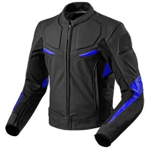 Men's Black Blue Motorcycle Front Zip Real Leather Safety Pads Jacket